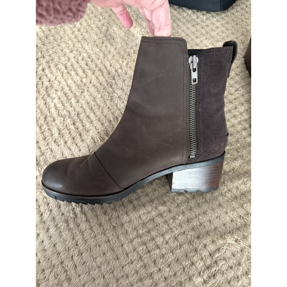 Sorel Boots Womens Size 8.5 Cate Chocolate Brown Leather/Suede Zip Block Heel - Picture 5 of 15